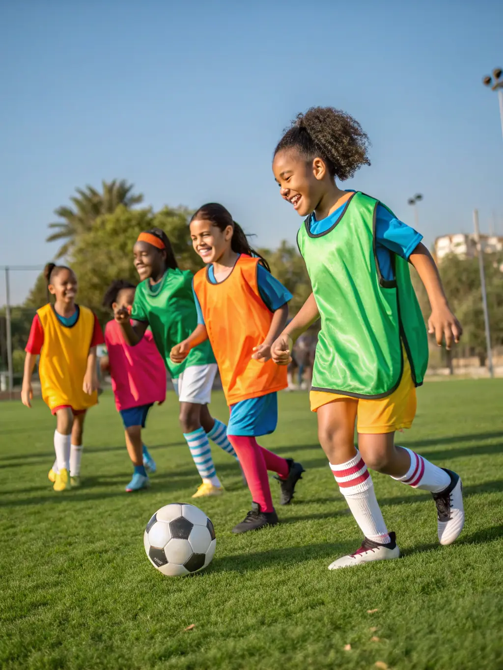 A diverse group of students participating in a soccer training session, highlighting the inclusive and welcoming nature of ETOILE SPORTIVE SEILHACOISE.