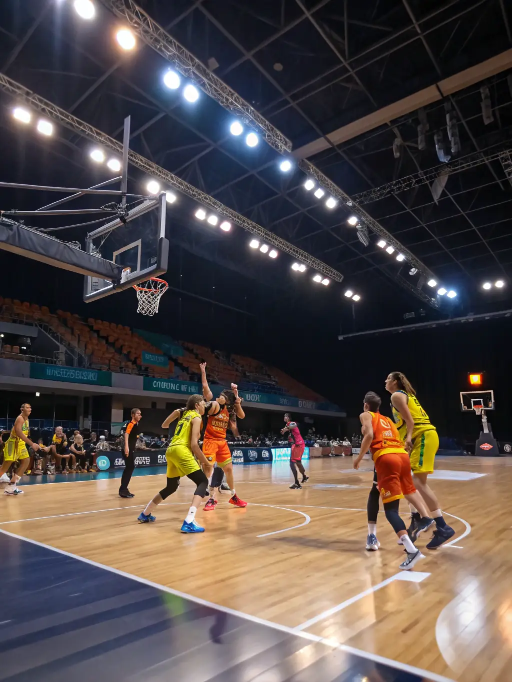 A dynamic image of students actively participating in a basketball game, showcasing teamwork and sportsmanship during a training session at ETOILE SPORTIVE SEILHACOISE.