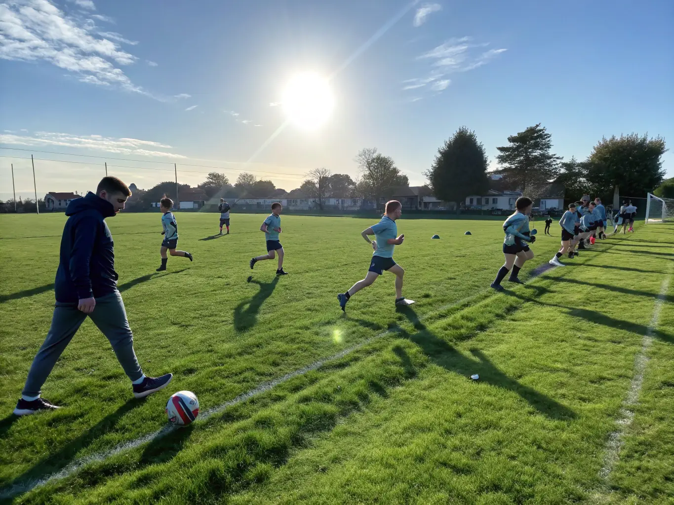 A group of young students actively participating in a soccer training session on a well-maintained field, showcasing teamwork and skill development.