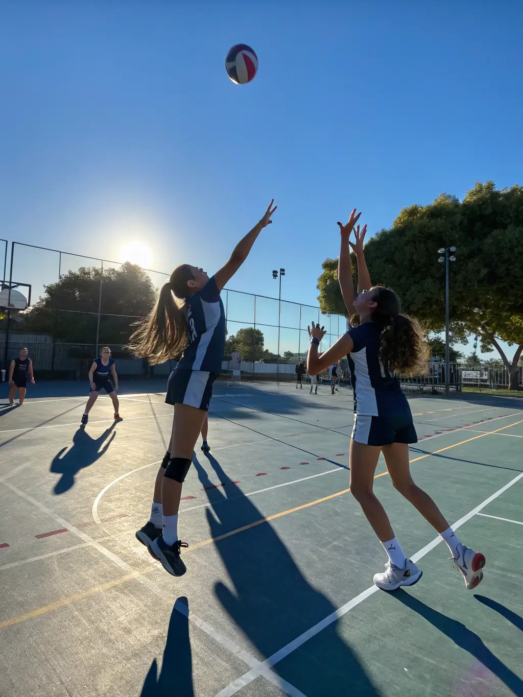 A diverse group of students participating in a volleyball game, emphasizing inclusivity and teamwork at ETOILE SPORTIVE SEILHACOISE.