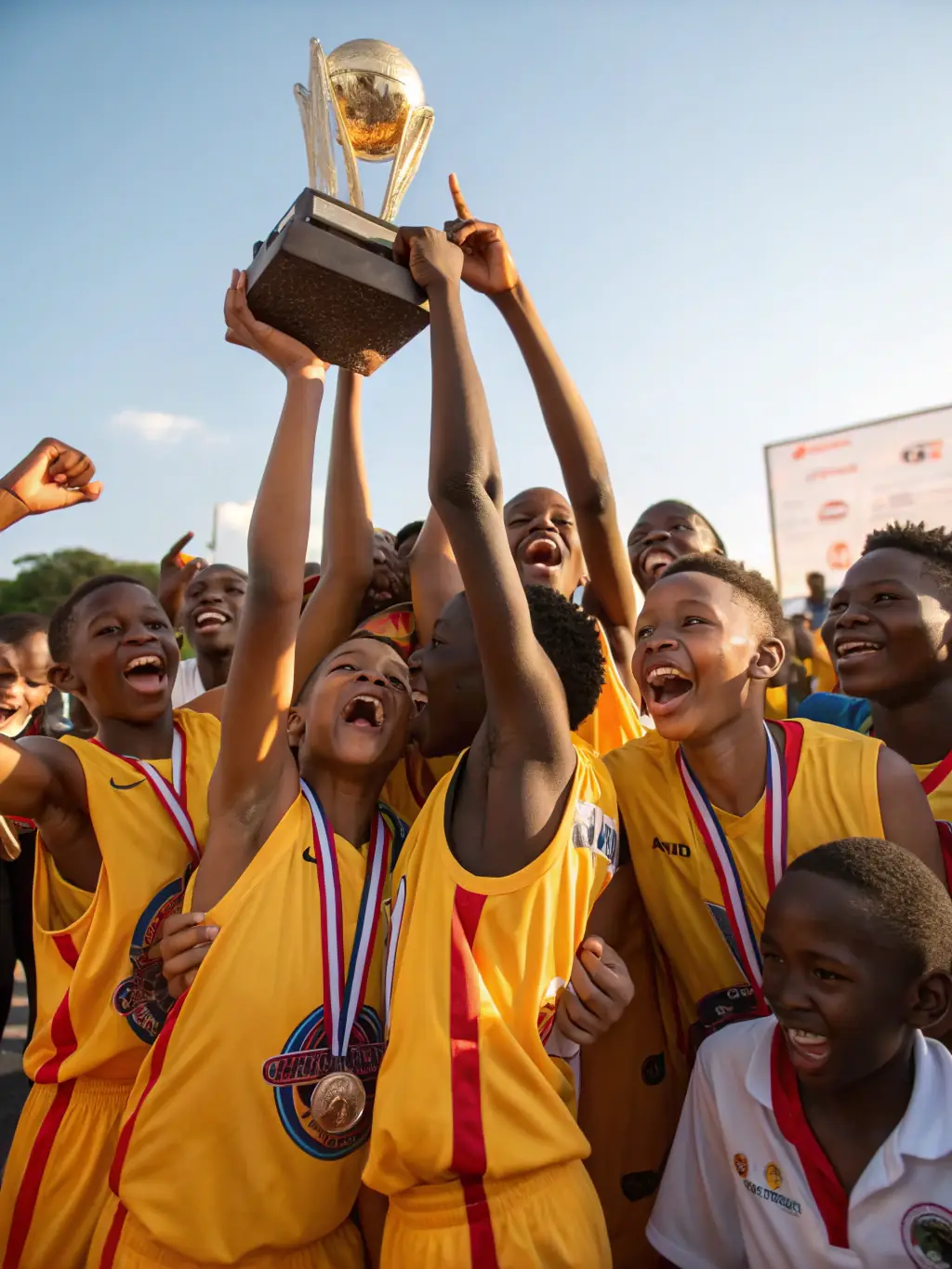 A group of students laughing and high-fiving after a successful basketball game, symbolizing teamwork and camaraderie within ETOILE SPORTIVE SEILHACOISE.