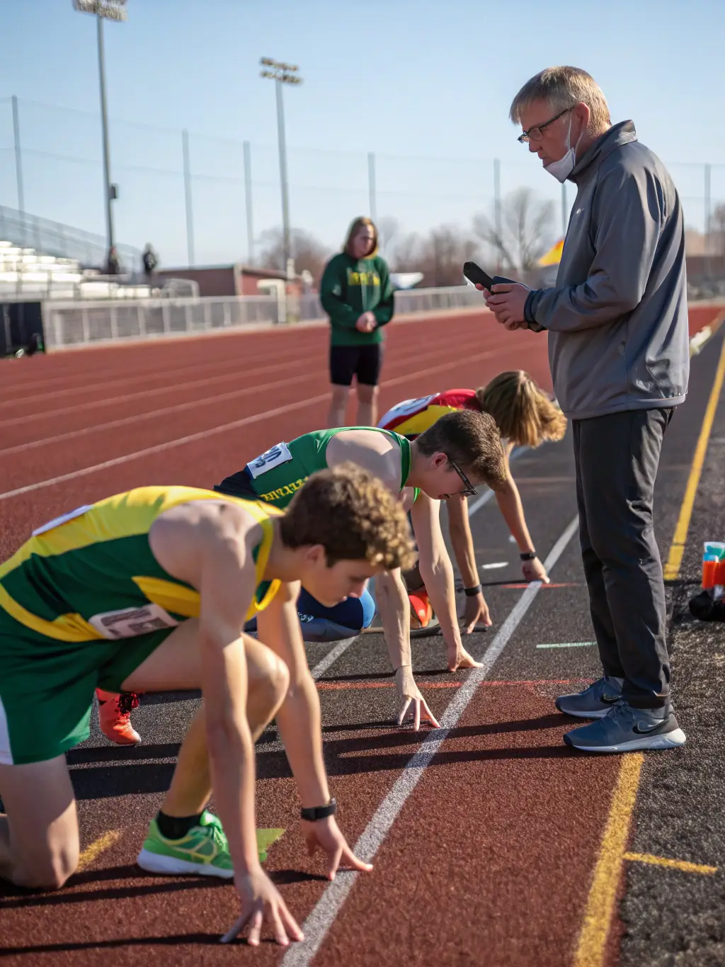 A group of young athletes stretching and warming up before a track and field event, emphasizing the importance of physical preparation and discipline at ETOILE SPORTIVE SEILHACOISE.